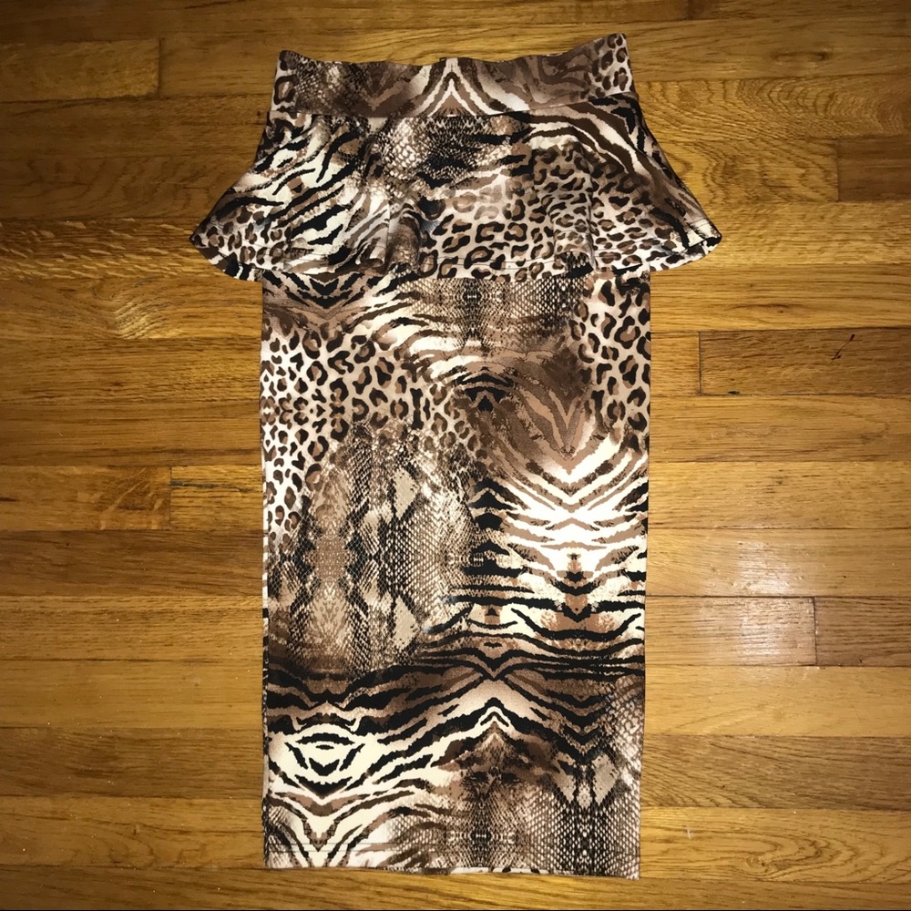 Bebe 2B Animal Print Peplum Midi Skirt w zipper Sm